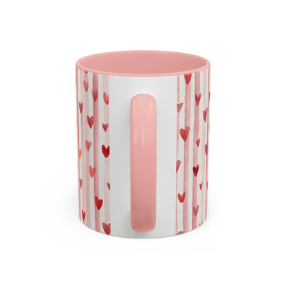 Valentine's Hearts and Stripes ceramic mug with pink interior, handle, and watercolor heart design.