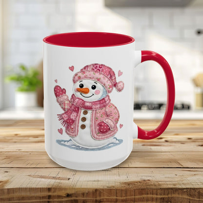 15oz white ceramic mug with red handle and interior, featuring a rosy patchwork snow lady design.