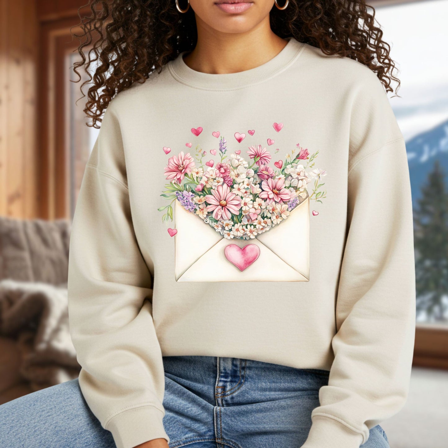 Valentine's Pink Vintage Heart Envelope Floral Long Sleeve Tee