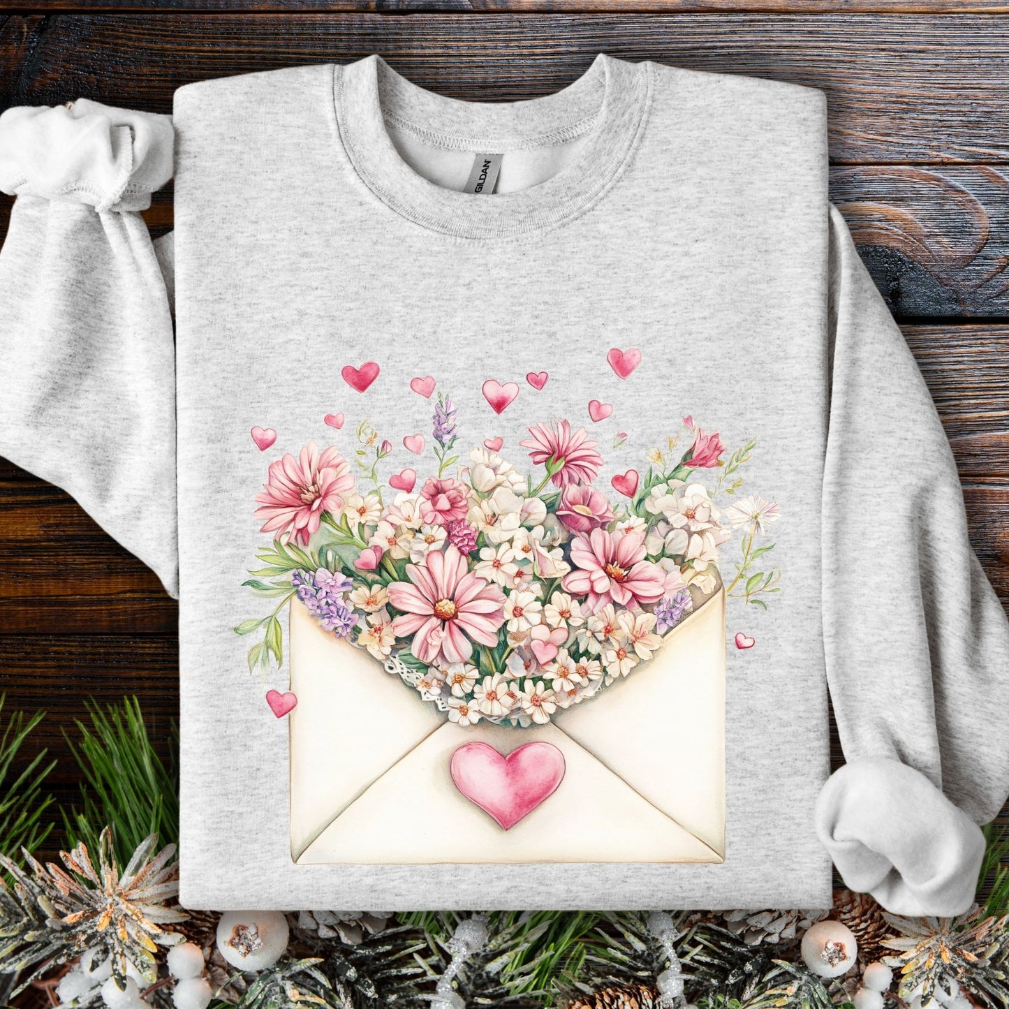 Valentine's Pink Vintage Floral Envelope Sweatshirt