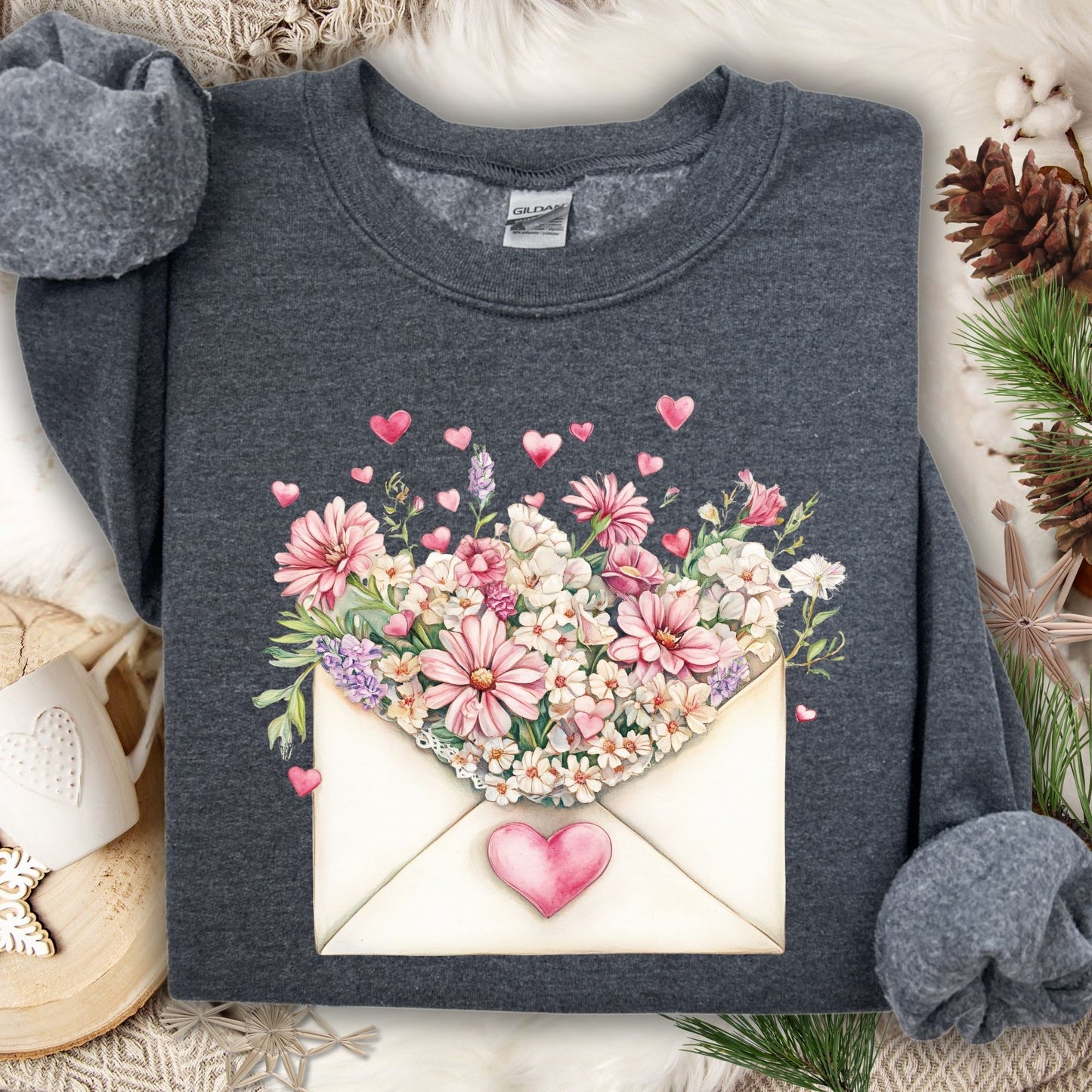 Valentine's Pink Vintage Floral Envelope Sweatshirt