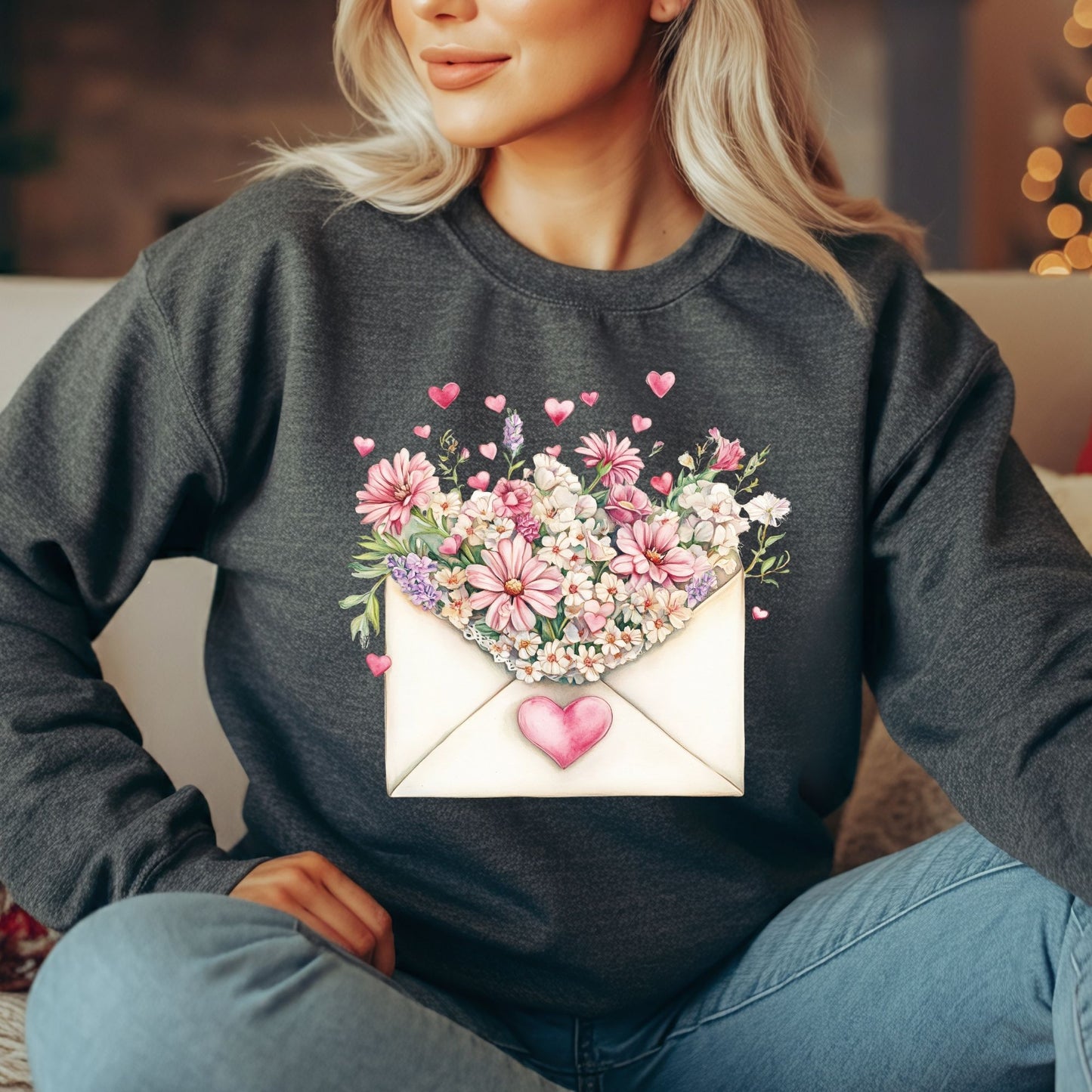Valentine's Pink Vintage Floral Envelope Sweatshirt