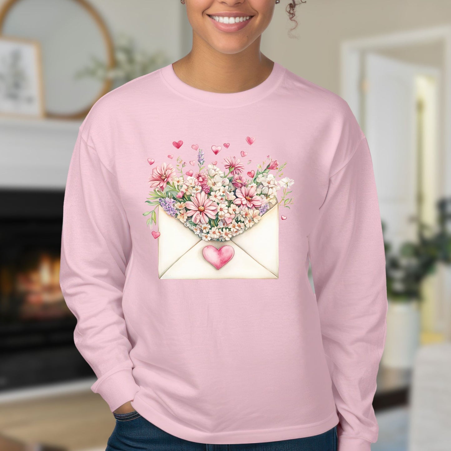 Valentine's Pink Vintage Heart Envelope Floral Long Sleeve Tee