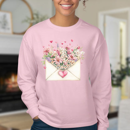 Valentine's Pink Vintage Heart Envelope Floral Long Sleeve Tee