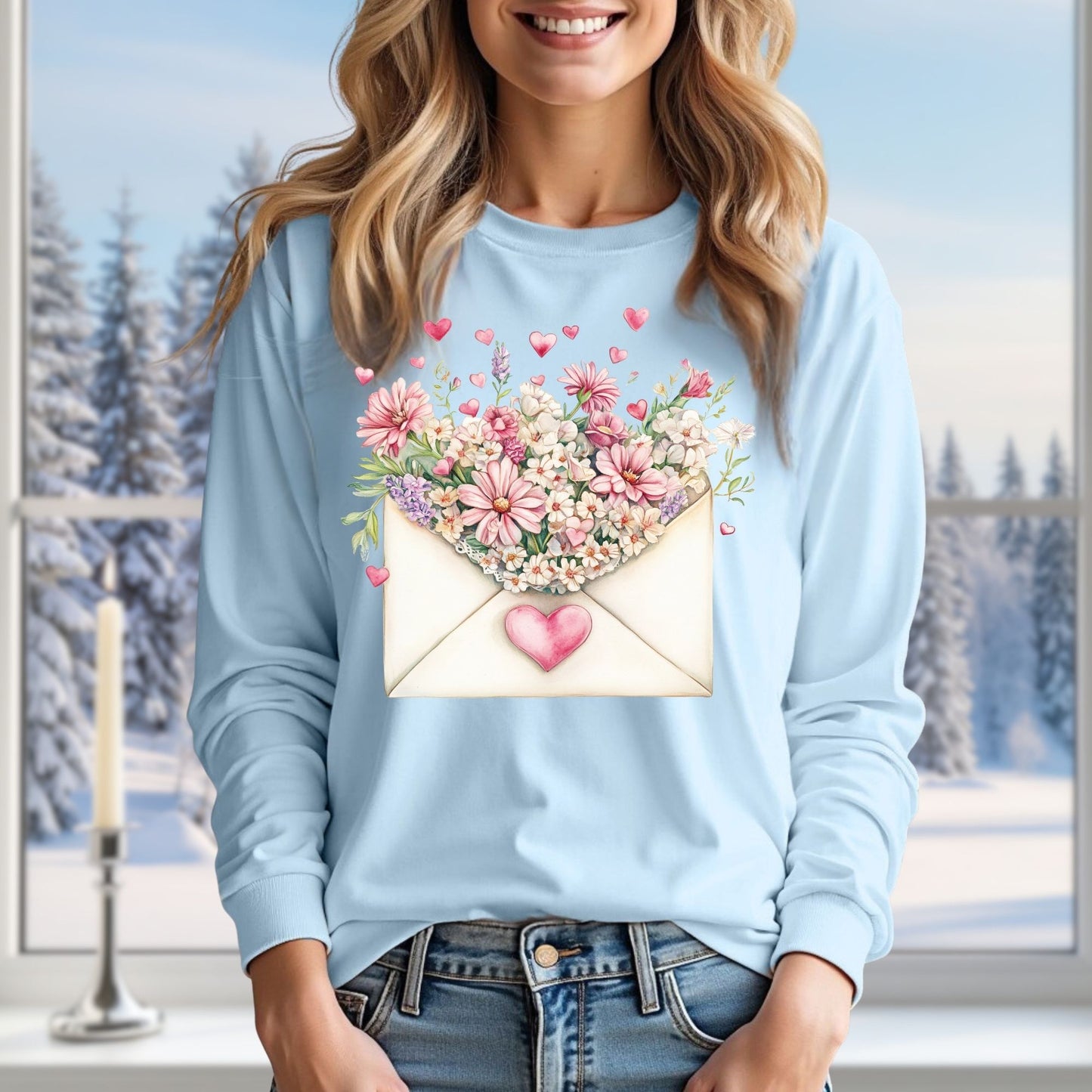 Valentine's Pink Vintage Heart Envelope Floral Long Sleeve Tee