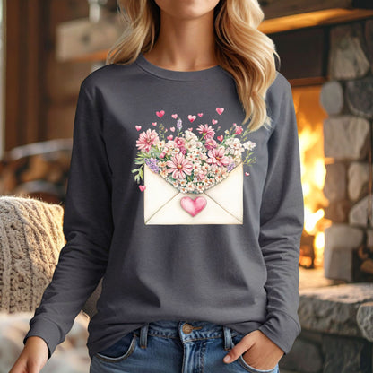 Valentine's Pink Vintage Heart Envelope Floral Long Sleeve Tee