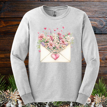 Valentine's Pink Vintage Heart Envelope Floral Long Sleeve Tee