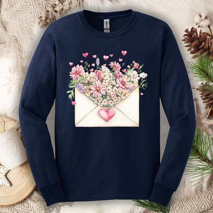 Valentine's Pink Vintage Heart Envelope Floral Long Sleeve Tee
