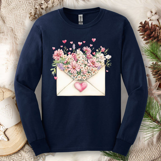 Valentine's Pink Vintage Heart Envelope Floral Long Sleeve Tee