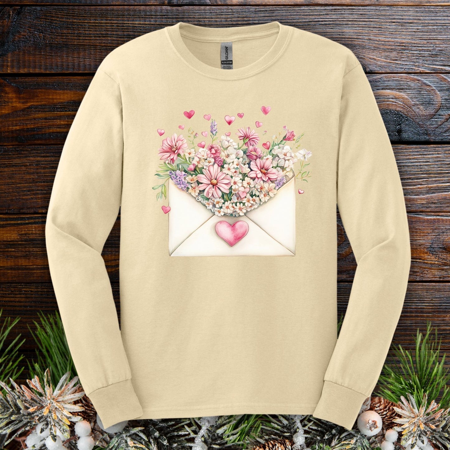 Valentine's Pink Vintage Heart Envelope Floral Long Sleeve Tee