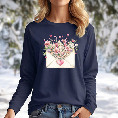 Valentine's Pink Vintage Heart Envelope Floral Long Sleeve Tee