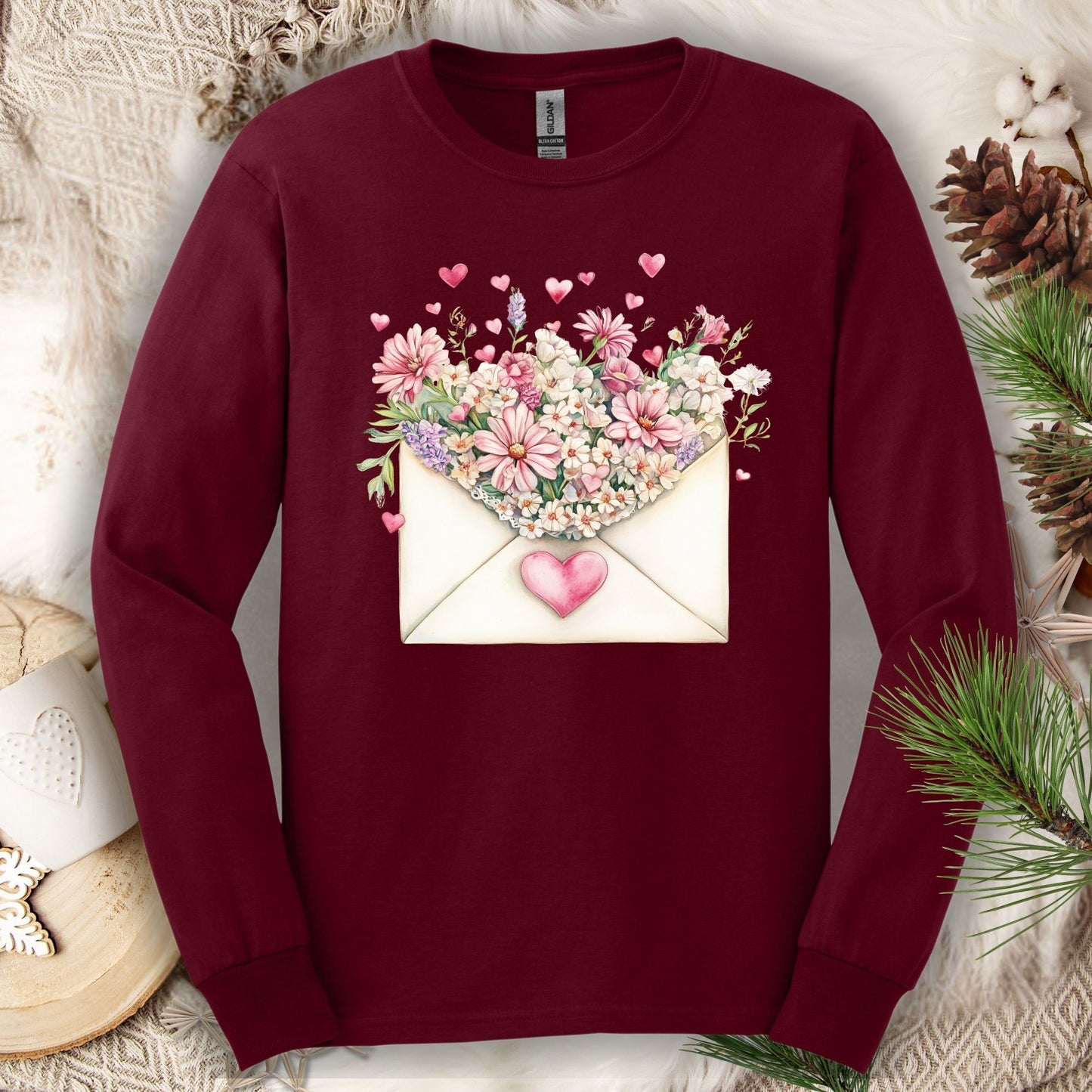 Valentine's Pink Vintage Heart Envelope Floral Long Sleeve Tee