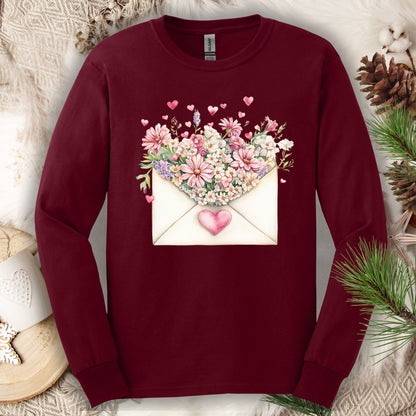 Valentine's Pink Vintage Heart Envelope Floral Long Sleeve Tee
