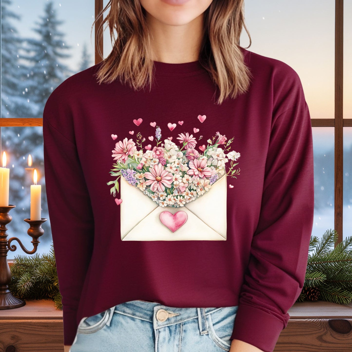 Valentine's Pink Vintage Heart Envelope Floral Long Sleeve Tee