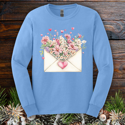 Carolina Blue long sleeve tee with vintage heart envelope and pink floral design.