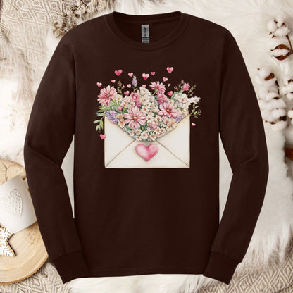 Dark Chocolate long-sleeve tee with a vintage heart envelope overflowing with pink flowers.