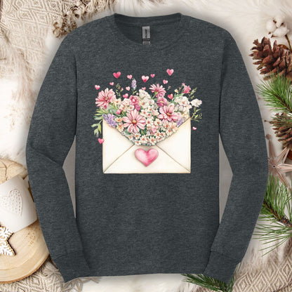 Valentine's Pink Vintage Heart Envelope Floral Long Sleeve Tee