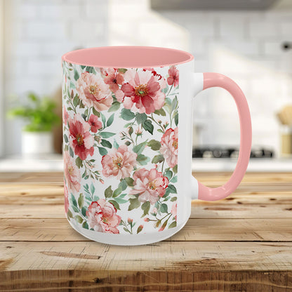 15oz glossy ceramic mug with pink interior/handle and watercolor pink/red peony floral print.