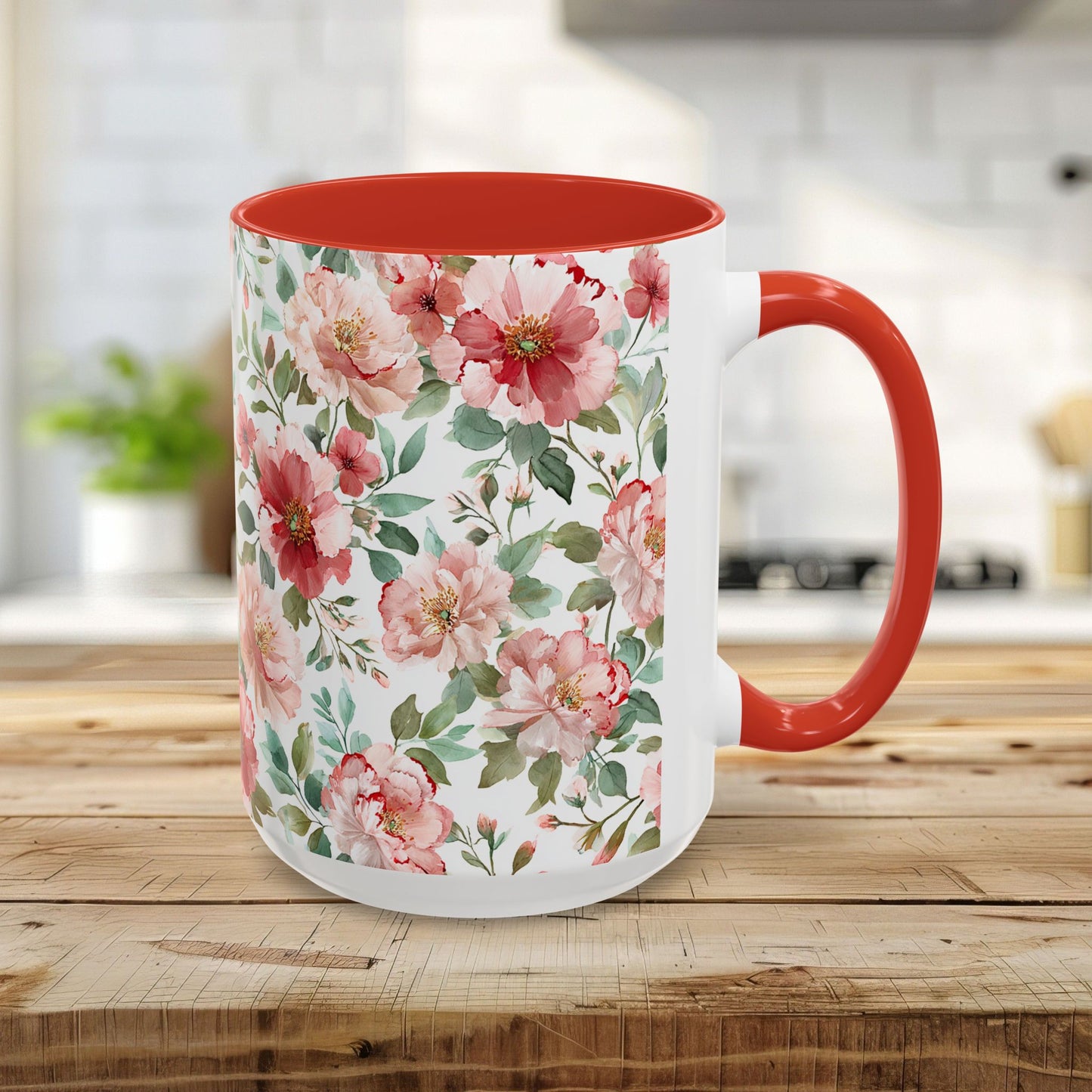 15oz white ceramic mug with red interior and handle, featuring pink and red watercolor peonies.