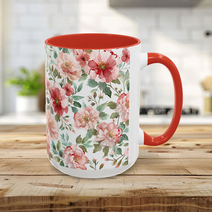 15oz white ceramic mug with red interior and handle, featuring pink and red watercolor peonies.
