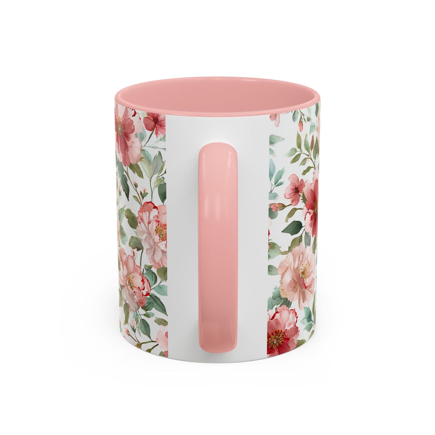 White ceramic mug with pink interior and handle, featuring a watercolor design of pink and red peonies.