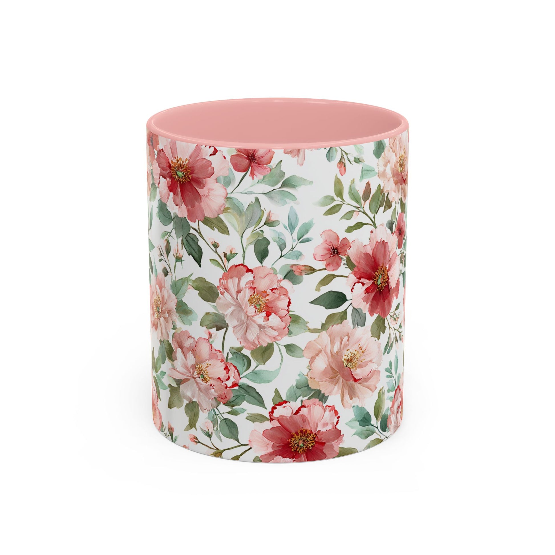 Glossy ceramic mug with pink interior and handle, featuring a vibrant watercolor print of pink and red peonies.