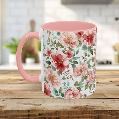 Glossy ceramic mug with pink interior/handle and watercolor pink, red, white peony floral print.