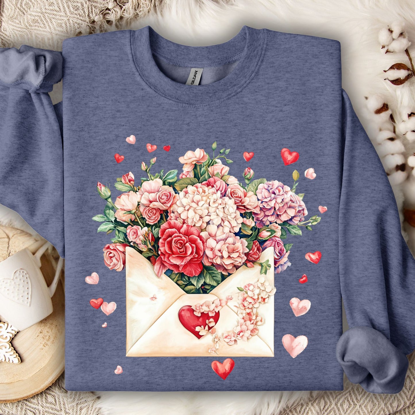 Heather Sport Dark Navy sweatshirt with vintage floral envelope and red, pink, ivory flowers and hearts.