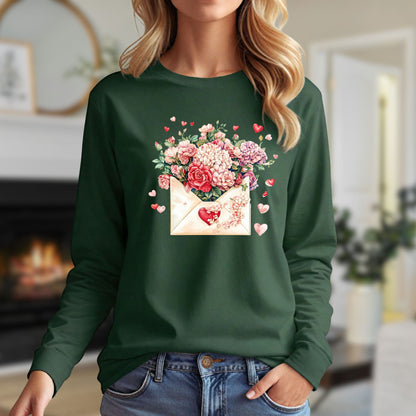 Valentine's Red Vintage Heart Envelope Floral Long Sleeve Tee