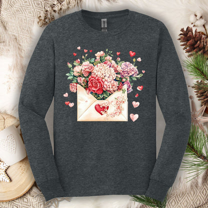Valentine's Red Vintage Heart Envelope Floral Long Sleeve Tee