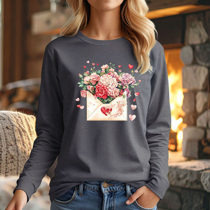 Valentine's Red Vintage Heart Envelope Floral Long Sleeve Tee