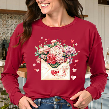 Valentine's Red Vintage Heart Envelope Floral Long Sleeve Tee