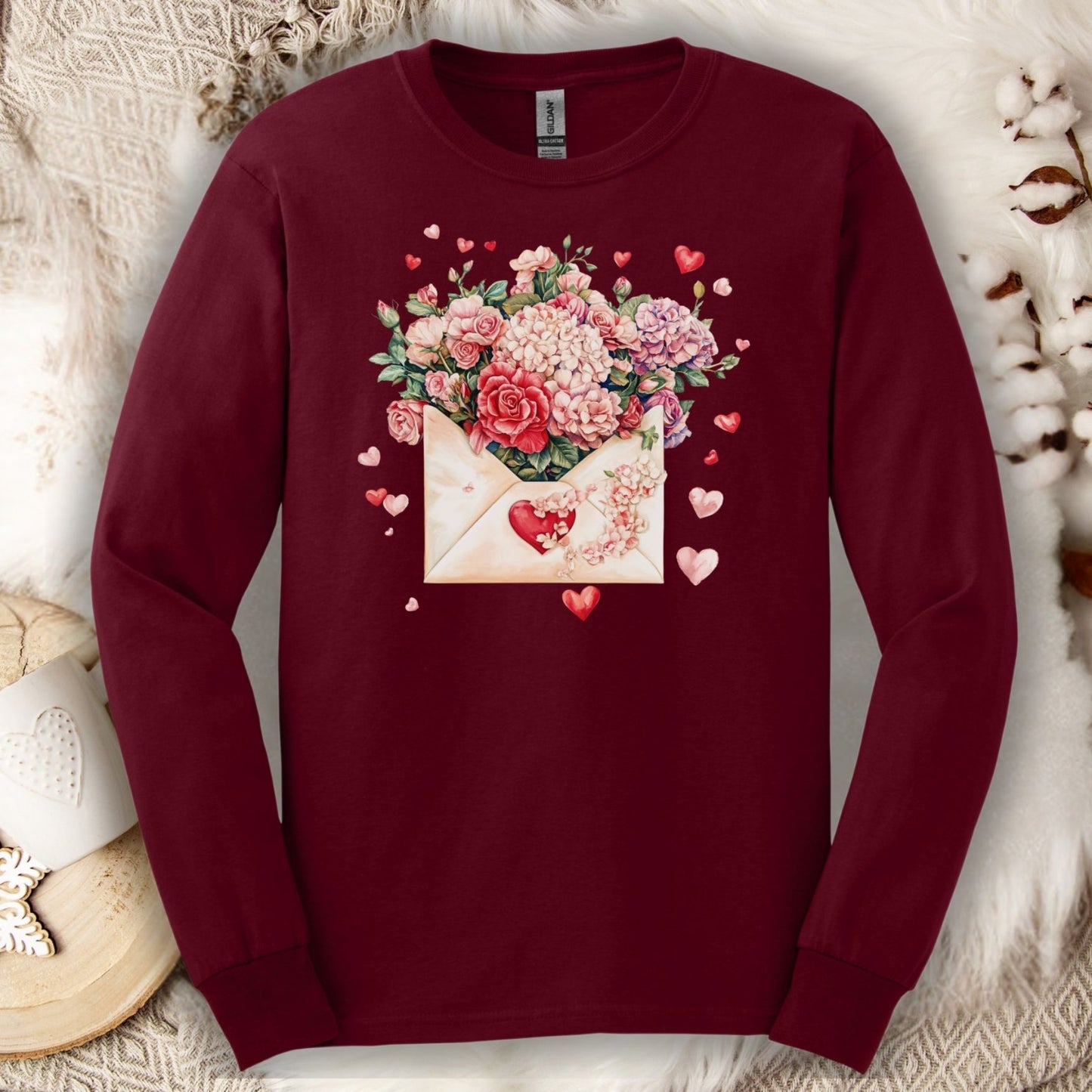 Valentine's Red Vintage Heart Envelope Floral Long Sleeve Tee