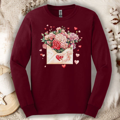 Valentine's Red Vintage Heart Envelope Floral Long Sleeve Tee