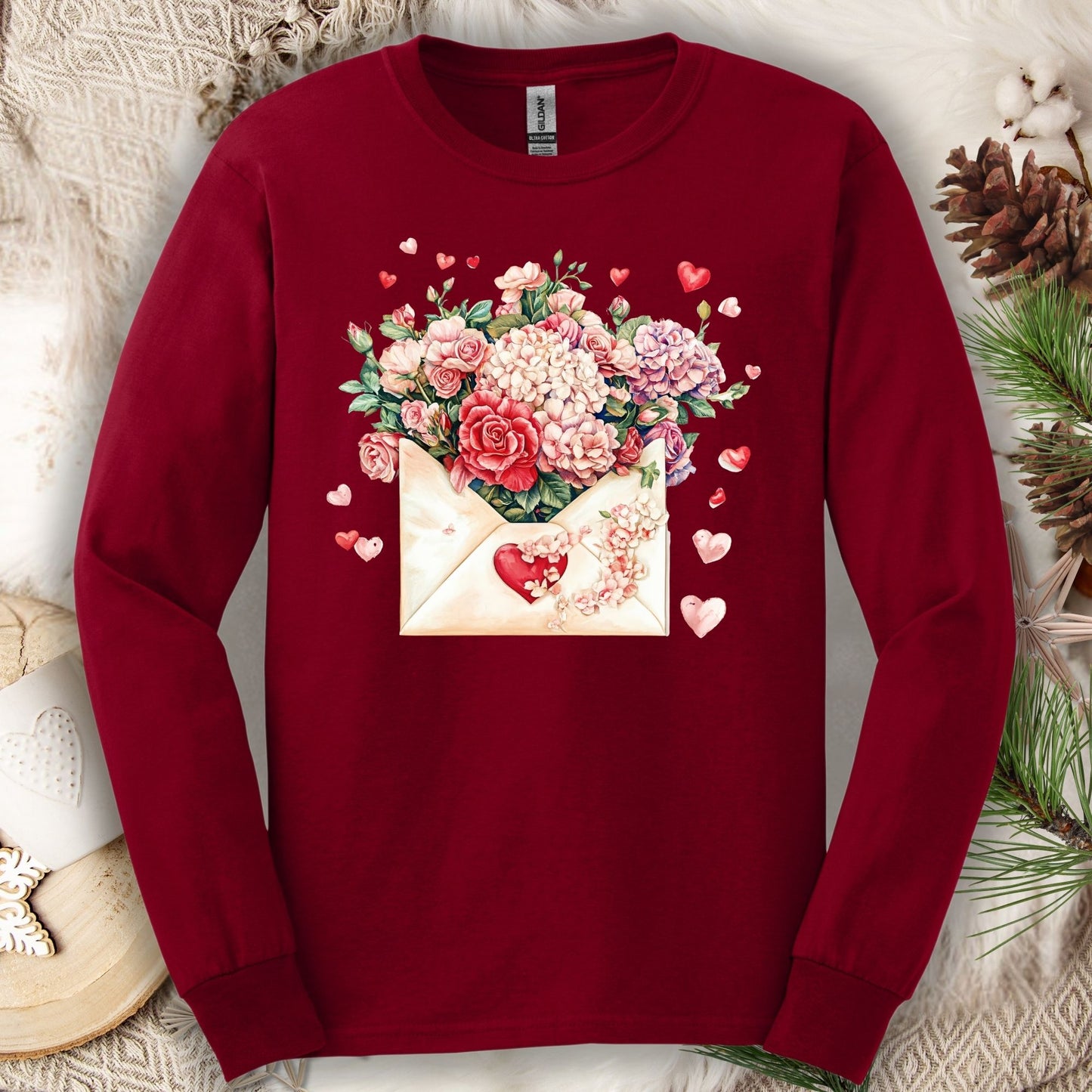 Valentine's Red Vintage Heart Envelope Floral Long Sleeve Tee