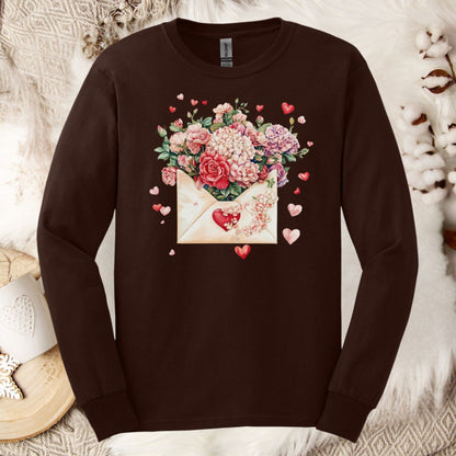 Valentine's Red Vintage Heart Envelope Floral Long Sleeve Tee