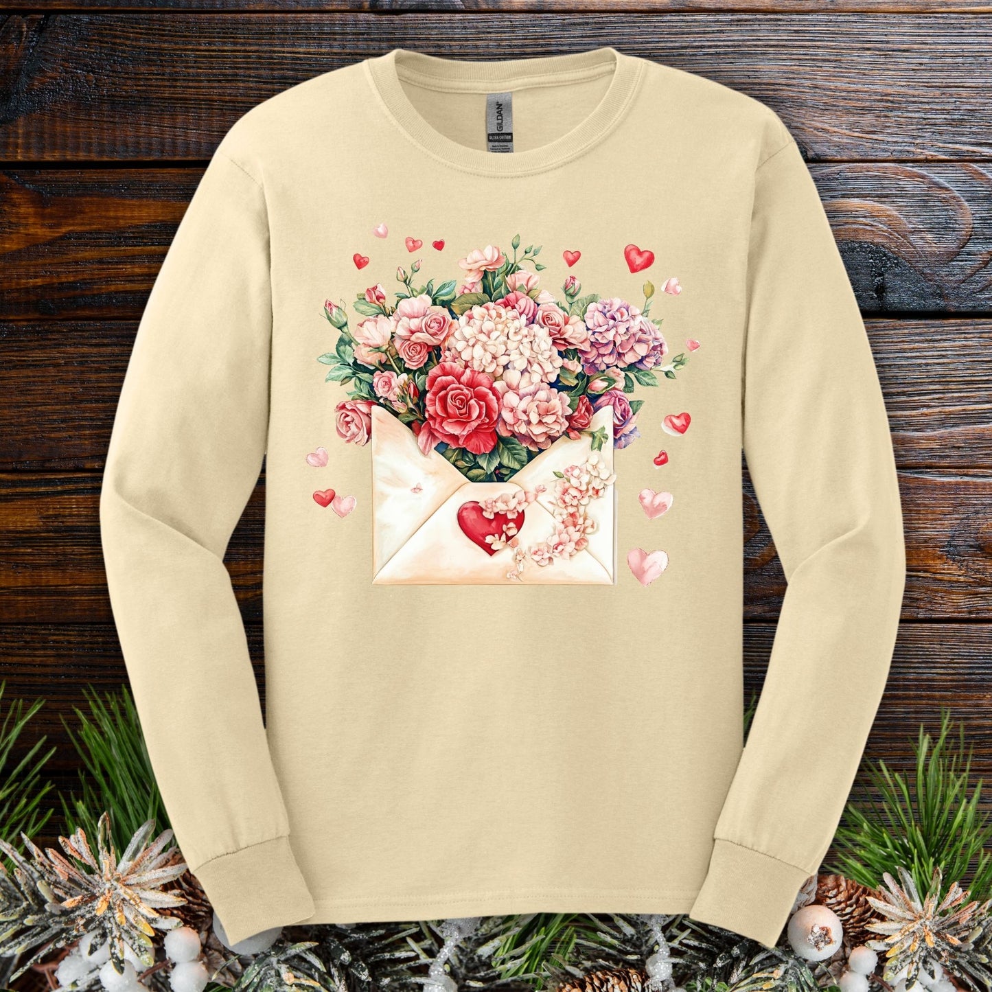 Valentine's Red Vintage Heart Envelope Floral Long Sleeve Tee