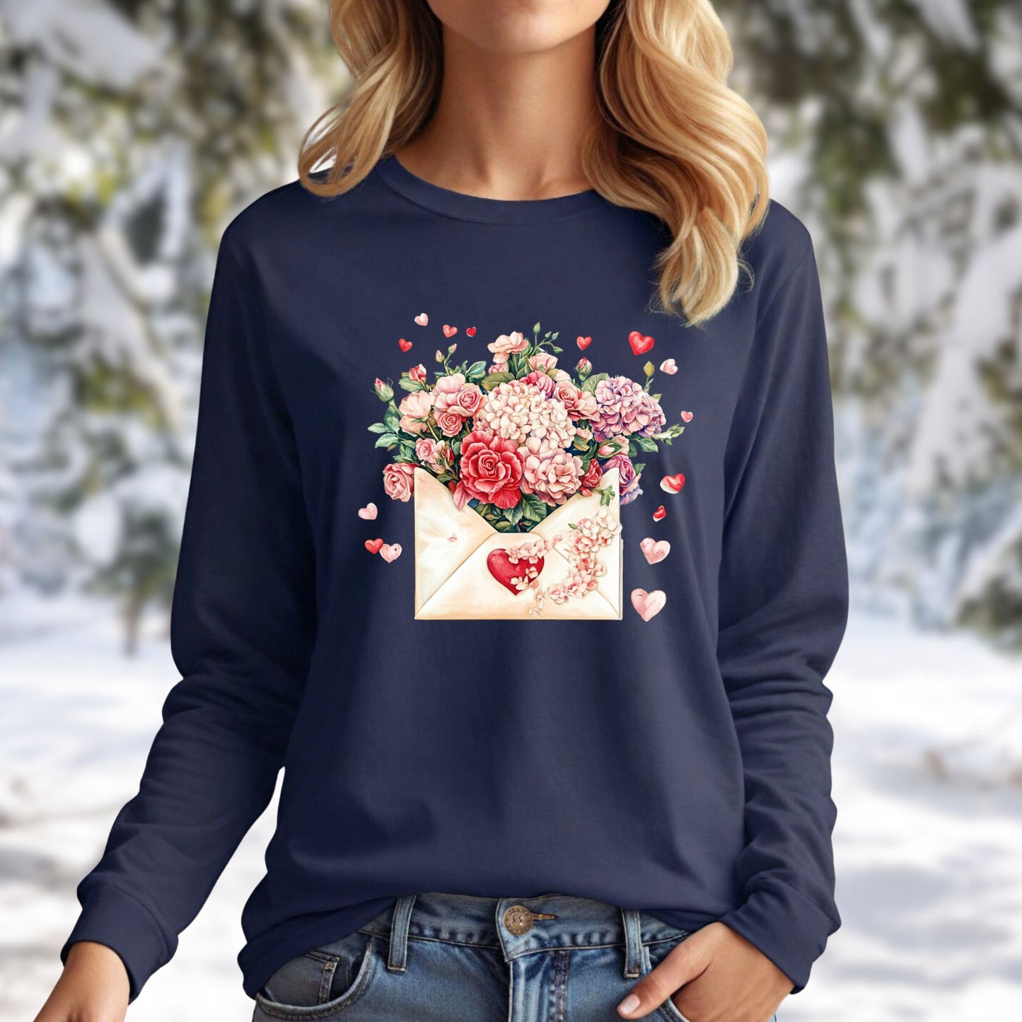 Valentine's Red Vintage Heart Envelope Floral Long Sleeve Tee