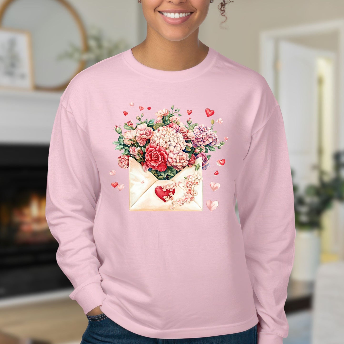 Valentine's Red Vintage Heart Envelope Floral Long Sleeve Tee