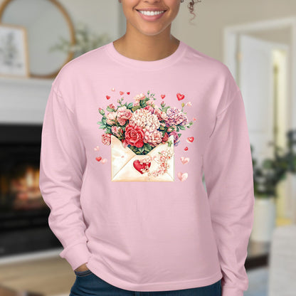Valentine's Red Vintage Heart Envelope Floral Long Sleeve Tee