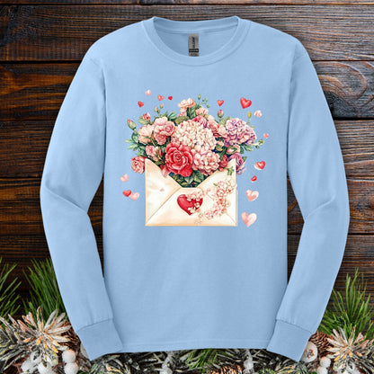 Valentine's Red Vintage Heart Envelope Floral Long Sleeve Tee