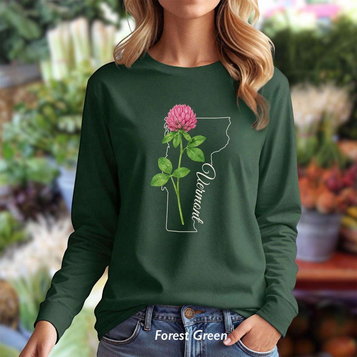 Vermont State Flower Long Sleeve Tee — Red Clover Outline Tee