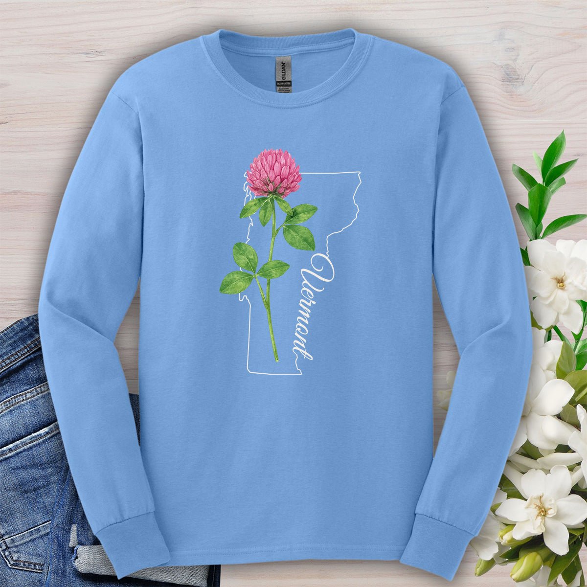 Vermont State Flower Long Sleeve Tee — Red Clover Outline Tee