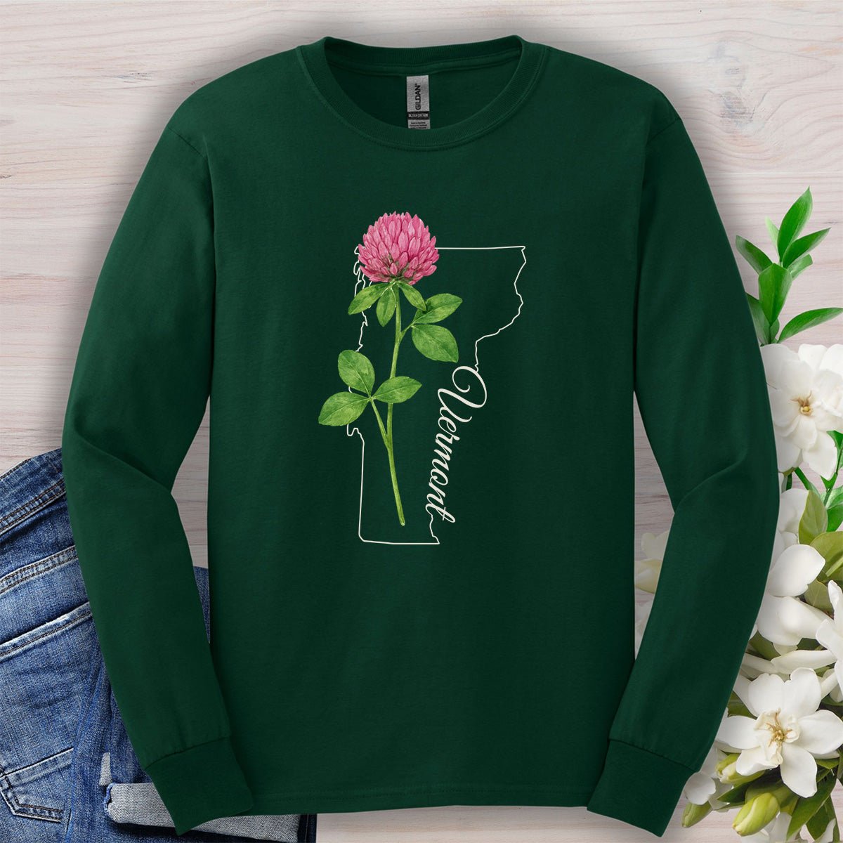 Vermont State Flower Long Sleeve Tee — Red Clover Outline Tee