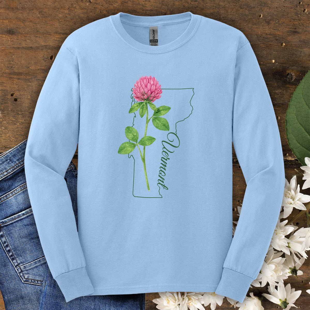 Vermont State Flower Long Sleeve Tee — Red Clover Outline Tee
