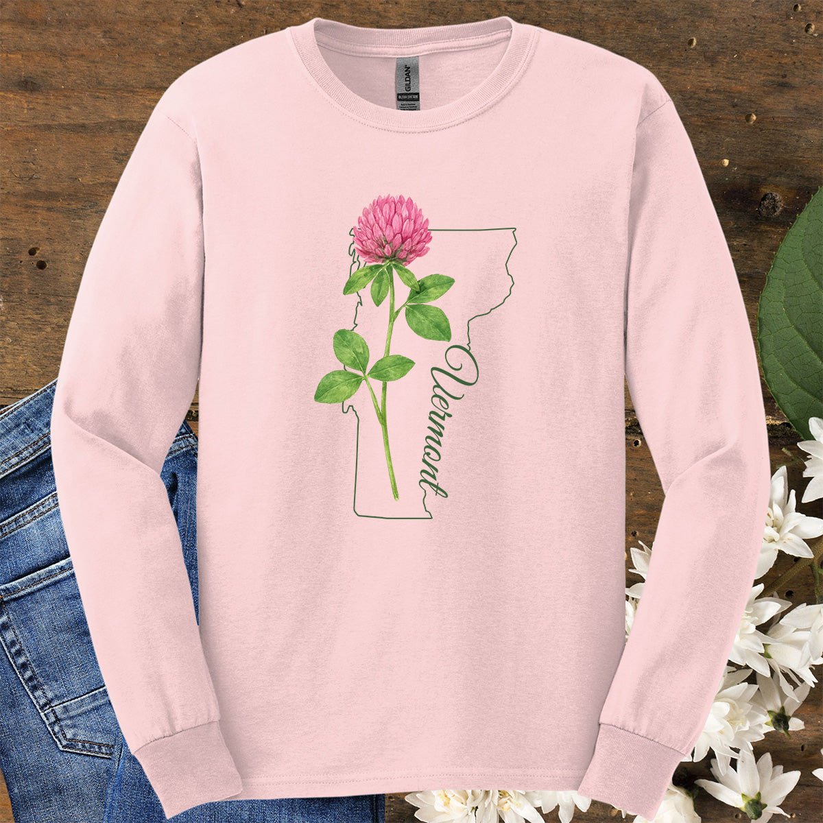 Vermont State Flower Long Sleeve Tee — Red Clover Outline Tee