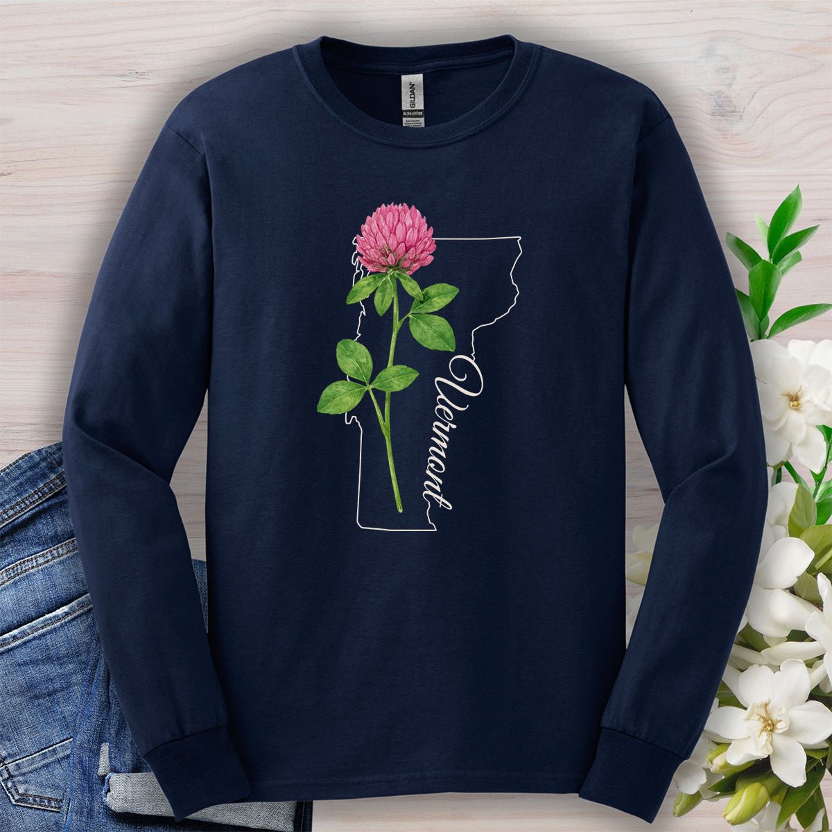 Vermont State Flower Long Sleeve Tee — Red Clover Outline Tee