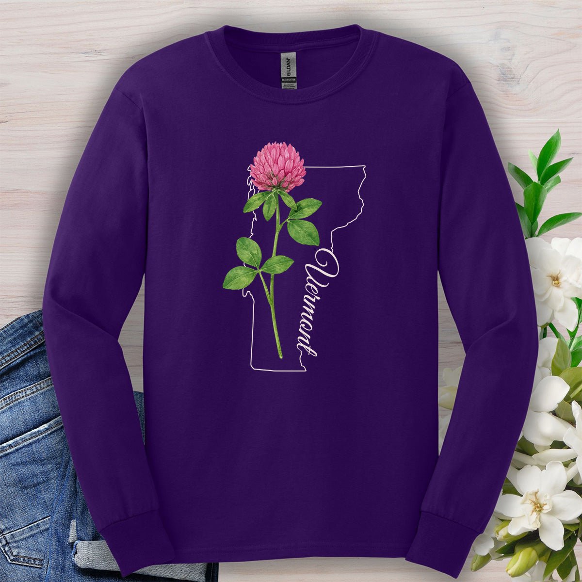 Vermont State Flower Long Sleeve Tee — Red Clover Outline Tee
