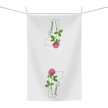 White microfiber tea towel with green Vermont state outline and pink red clover design.