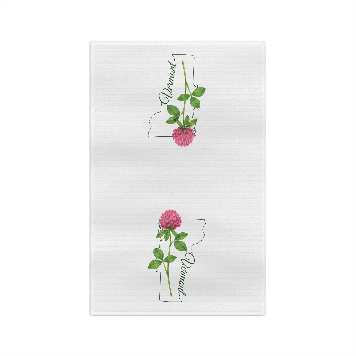 White microfiber tea towel with two pink red clover blooms and green Vermont state outlines.